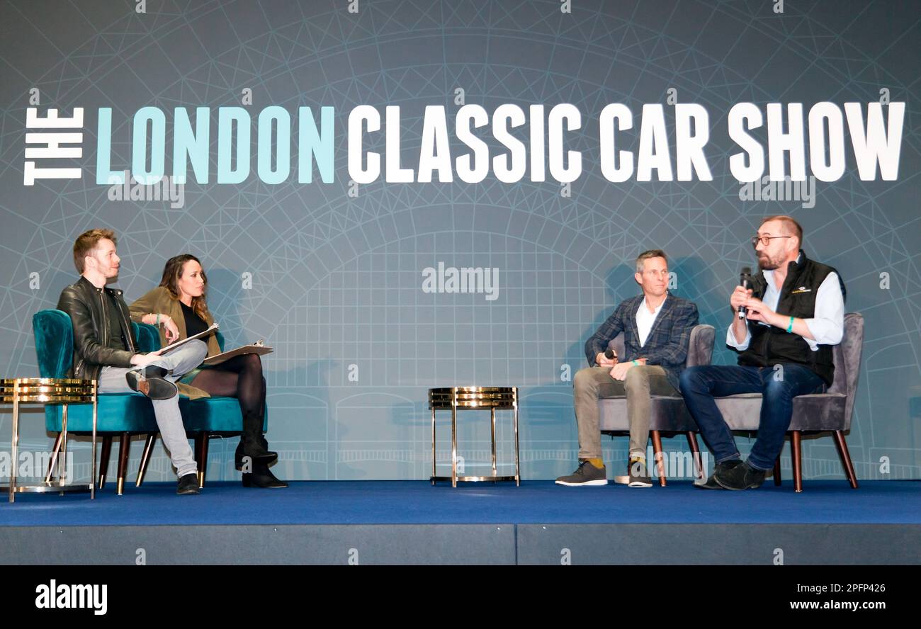 Alex Brundle and Alexandra Legouix on the Main Stage, discussing the electrification of Classic Cars with and Steve Drummond and  Dan Henry. Stock Photo