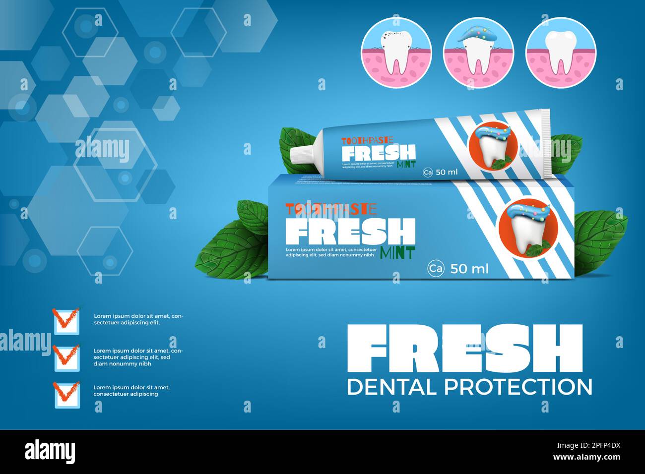 Dental protection. Toothpaste ad banner. Box package and tube. Ointment mockup. 3D herbal cream