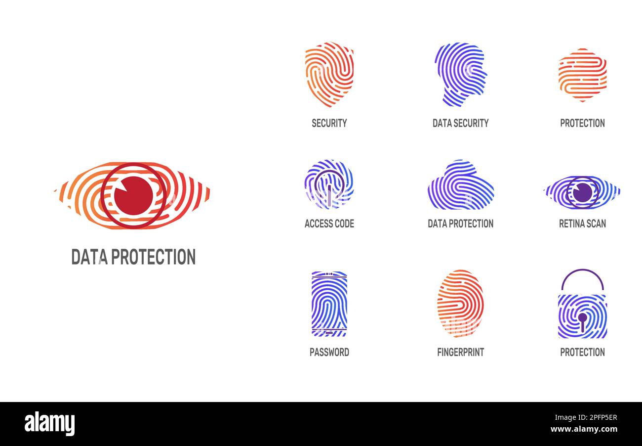 Fingerprint logo. Digital privacy icons. Crime lock. Face or brain shield. Thumbprint for fintech Ai. Head and key. Identification access code. Data protection symbols set. Vector illustration concept Stock Vector