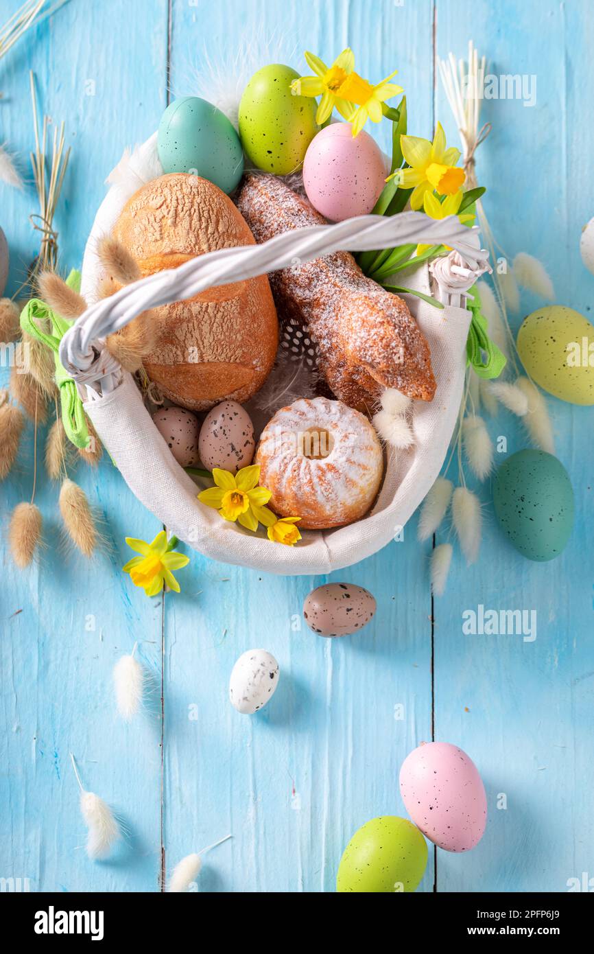 Colorful Easter basket as custom of blessing food in Eastern Europe