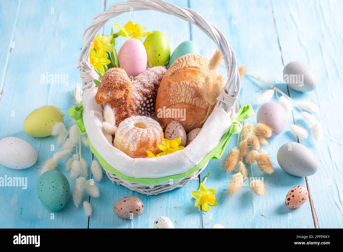 Festive Easter basket as custom of blessing food in Eastern Europe