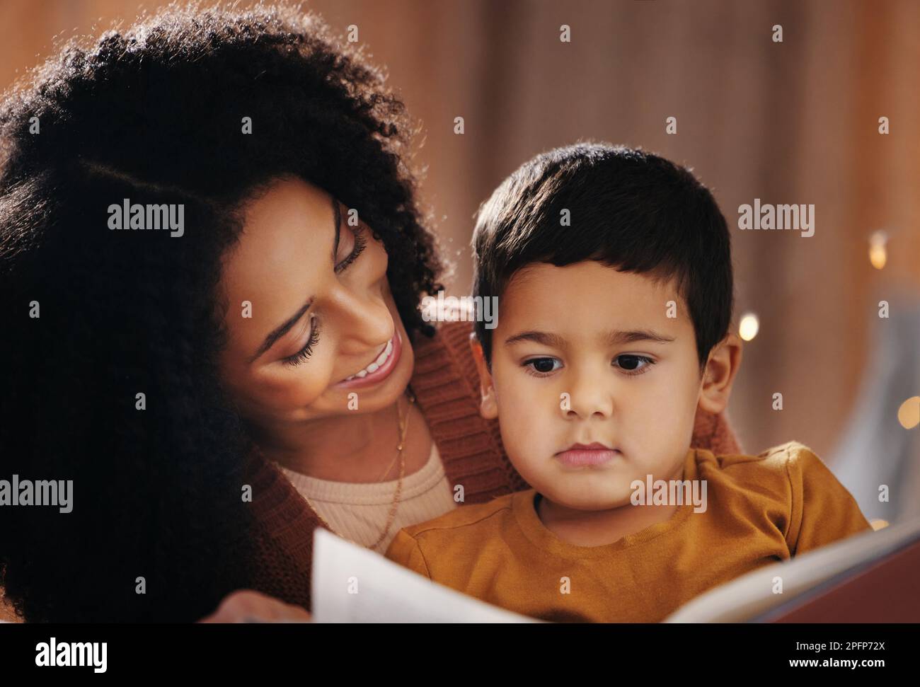 Night, book and mother with child in bedroom for bedtime storytelling