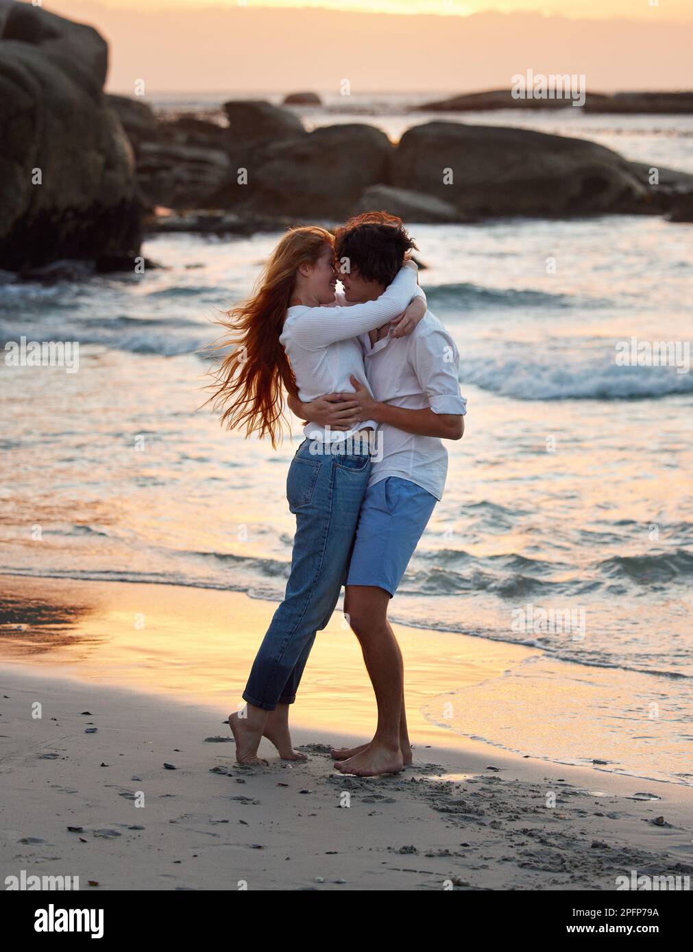 Couple hug on beach, freedom and travel, love and commitment in ...