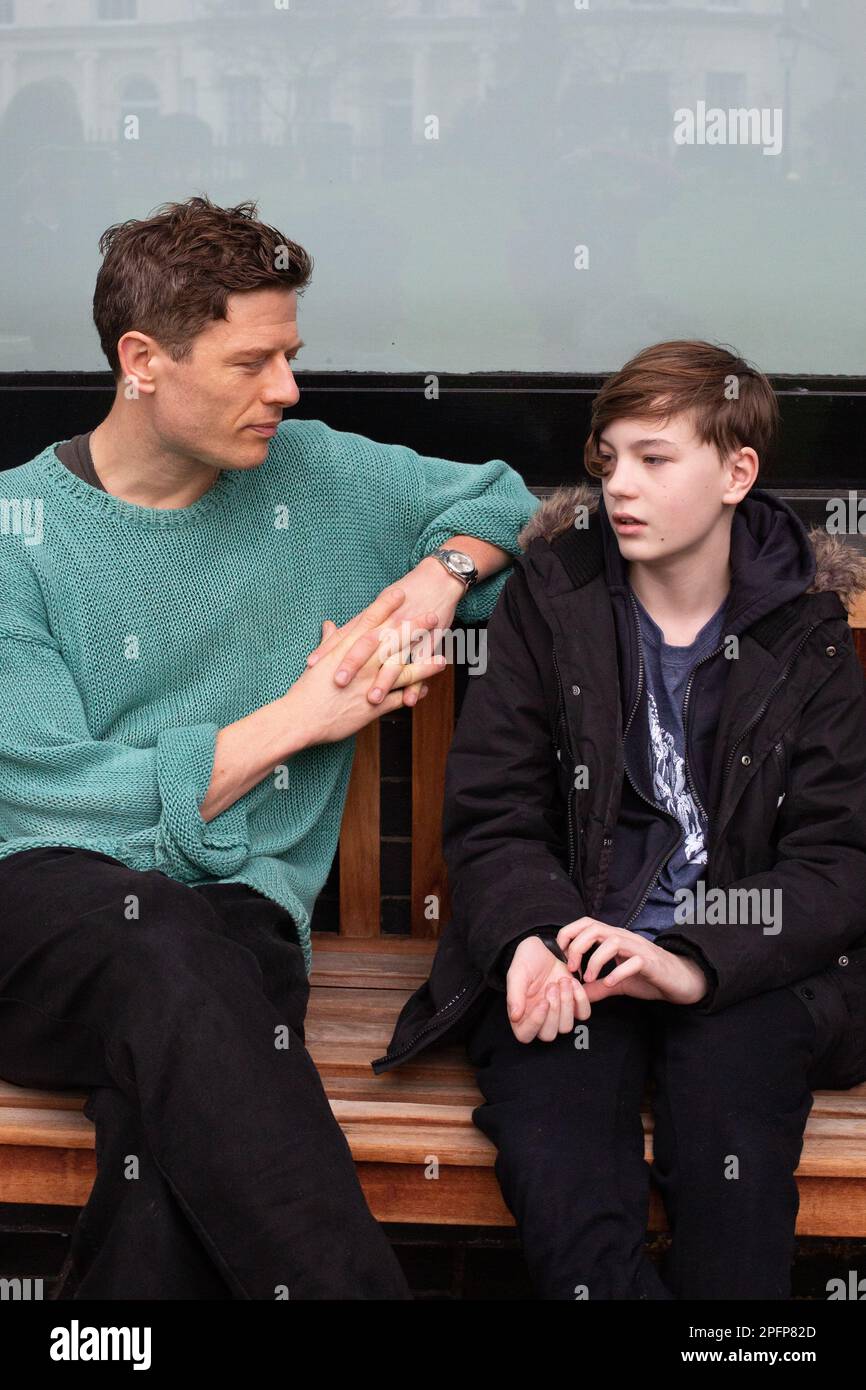 London, UK. March 18, 2023. Actor James Norton speaks to 12 year old Xander Jefford from Aylesbury at the annual TAD (Talking About Diabetes) event held at the Royal College of Physicians, London. Xander was diagnosed with Type 1 in February this year and James lives with Type 1 diabetes. Credit: Katie Collins/Alamy Live News Stock Photo
