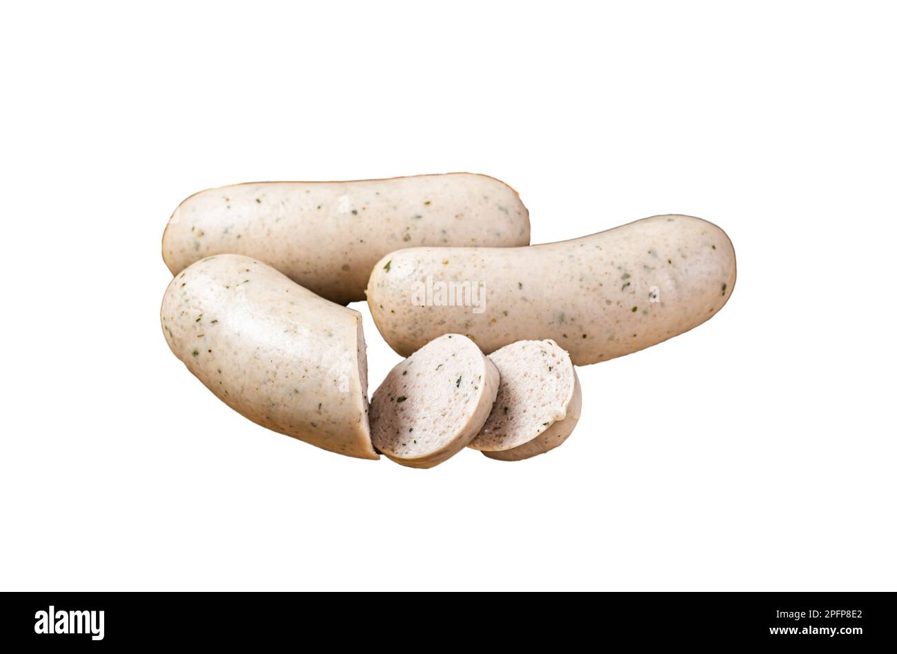Munich white sausage with pretzel and mustard. Isolated on white background. Stock Photo