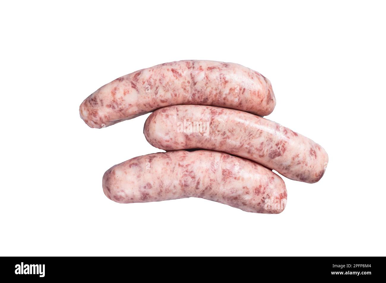 Raw Bratwurst sausages for BBQ with spices. Isolated on white background Stock Photo