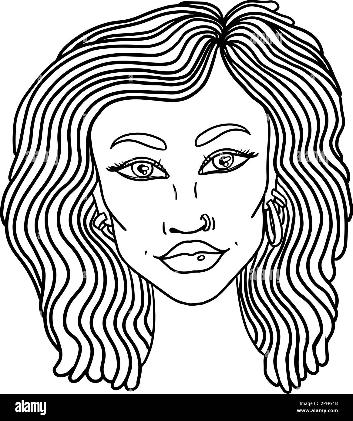 Doodle Girl Portrait for Adult Coloring Book. Stock Vector