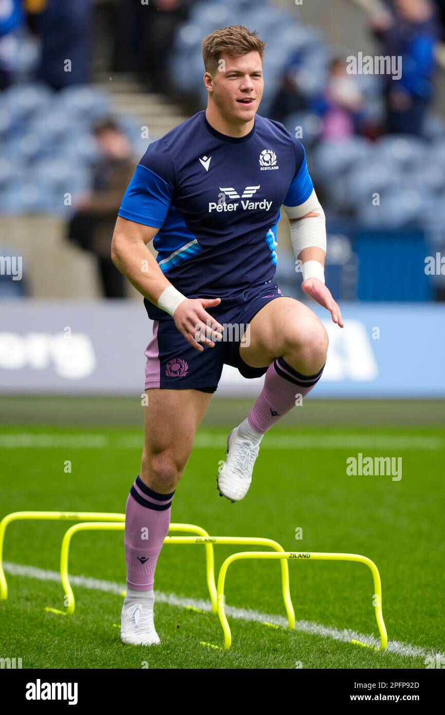 Huw Jones #13 of Scotland warms up before the 2023 Guinness 6 Nations match Scotland vs Italy at Murrayfield Stadium, Edinburgh, United Kingdom, 18th March 2023  (Photo by Steve Flynn/News Images) Stock Photo