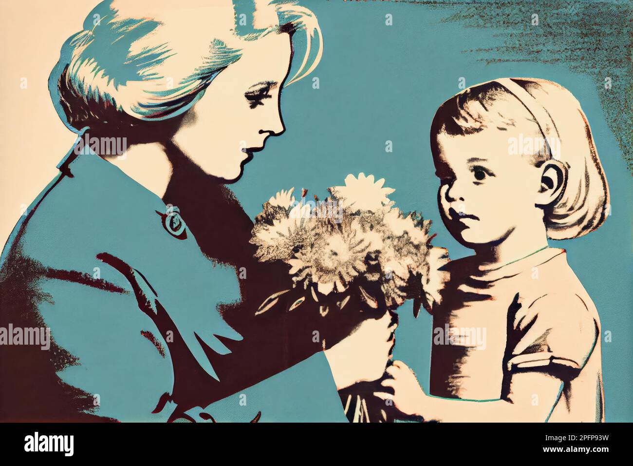 Drawing of a girl handing flowers to her mother - mothers day concept - pop art minimlistic bicolor - generative ai Stock Photo