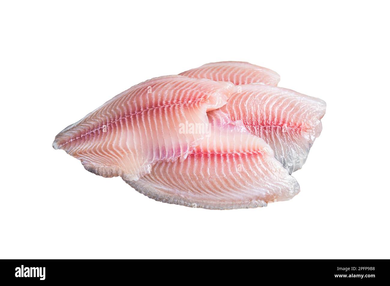 Fresh tilapia white fish fillet in a wooden tray. Isolated on white