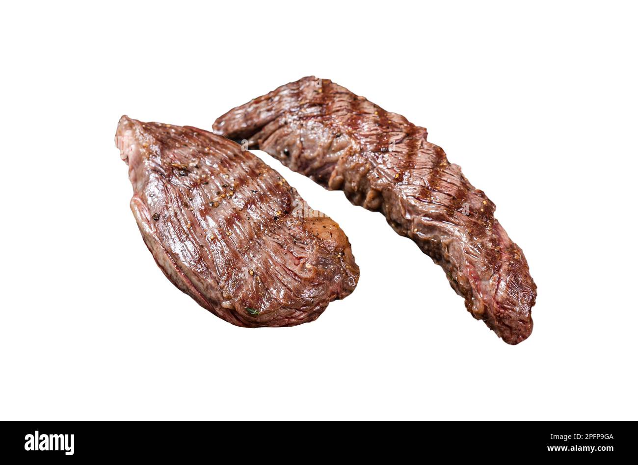 Grilled Sirloin flap or Bavette beef meat steak on a griil with herbs