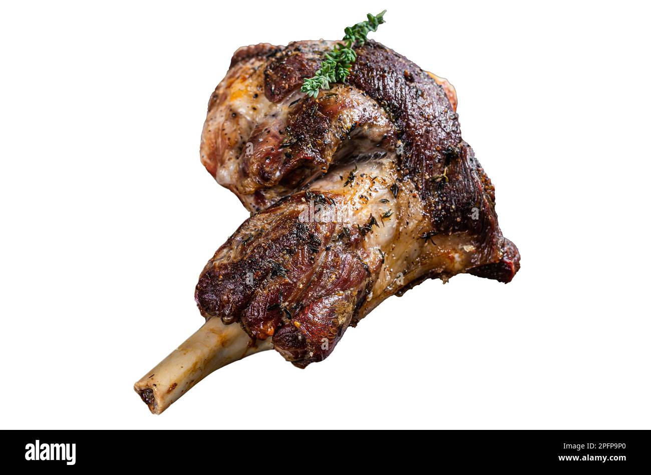 Oven Roasted lamb mutton whole leg with thyme. Isolated on white