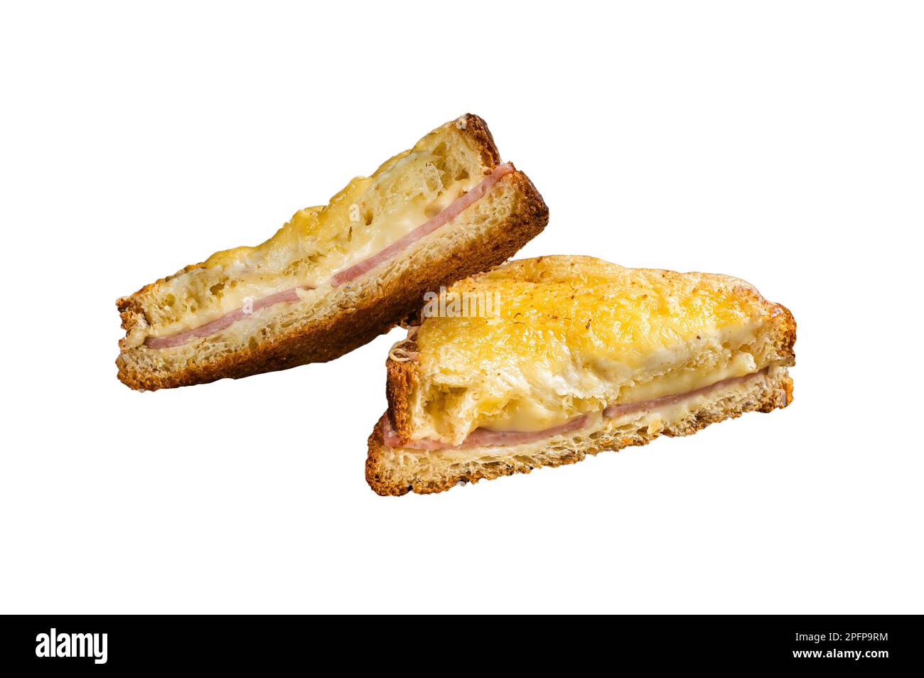 French toasts Croque monsieur and croque madame, grilled sandwiches on brioch bread with sliced ham, melted emmental cheese and egg. Isolated on white Stock Photo