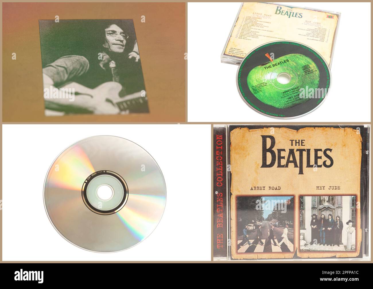 Moscow, Russia, 18 March 2023: CD by The Beatles Abbey Road, Hey Jude,portrait of John lennon on the cover of the CD Forever Gold,collage Stock Photo