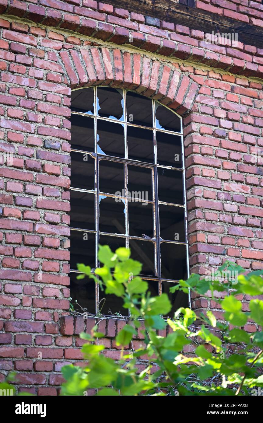 Window with metal bars and broken panes of glass in an old derelict ...