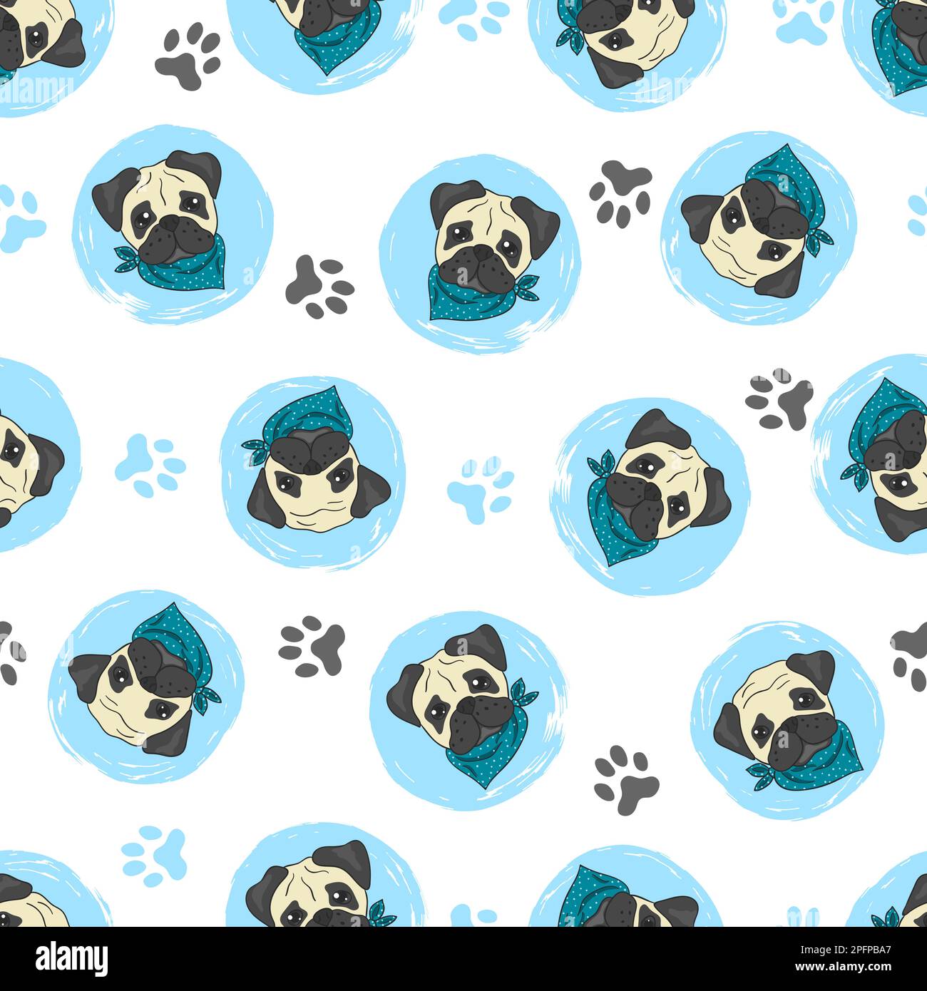 Seamless pattern with cute pugs. Vector circles background with dogs. Stock Vector