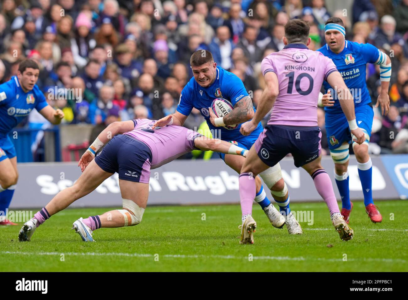 Marco Riccioni #3 of Italy runs at George Turner #2 of Scotland during the 2023 Guinness 6 Nations match Scotland vs Italy at Murrayfield Stadium, Edinburgh, United Kingdom, 18th March 2023  (Photo by Steve Flynn/News Images) Stock Photo