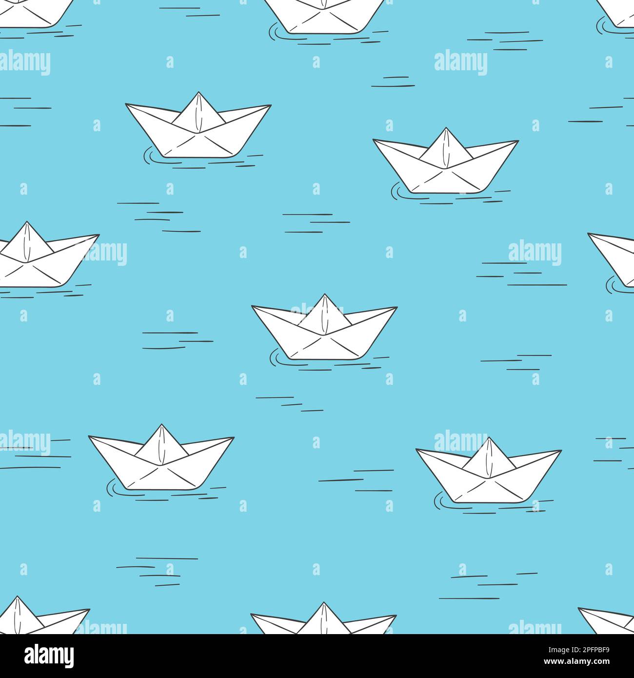 Seamless pattern with doodle paper boats on blue. Vector background. Stock Vector