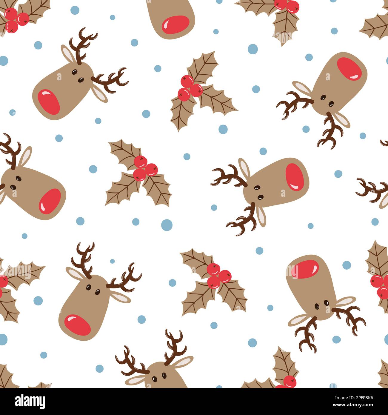 Christmas pattern with cute deers and mistletoe. Vector holiday background. Stock Vector