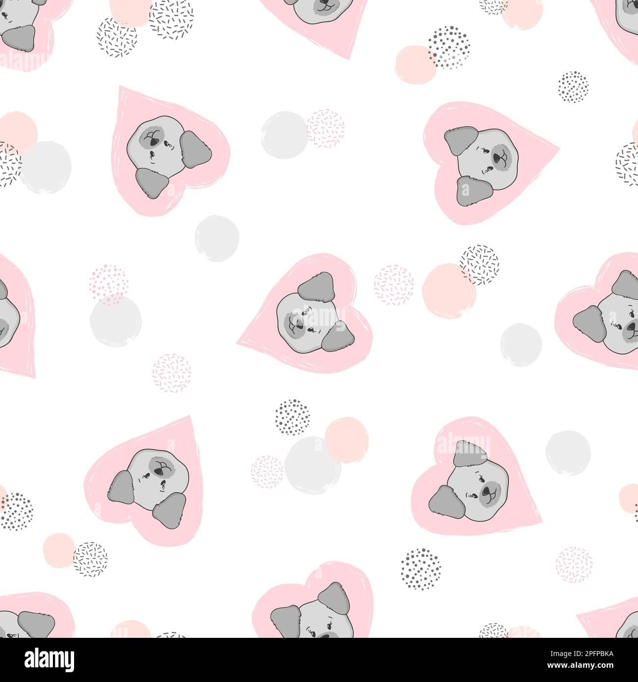Seamless vector pattern with cute puppies and pink hearts Stock Vector ...