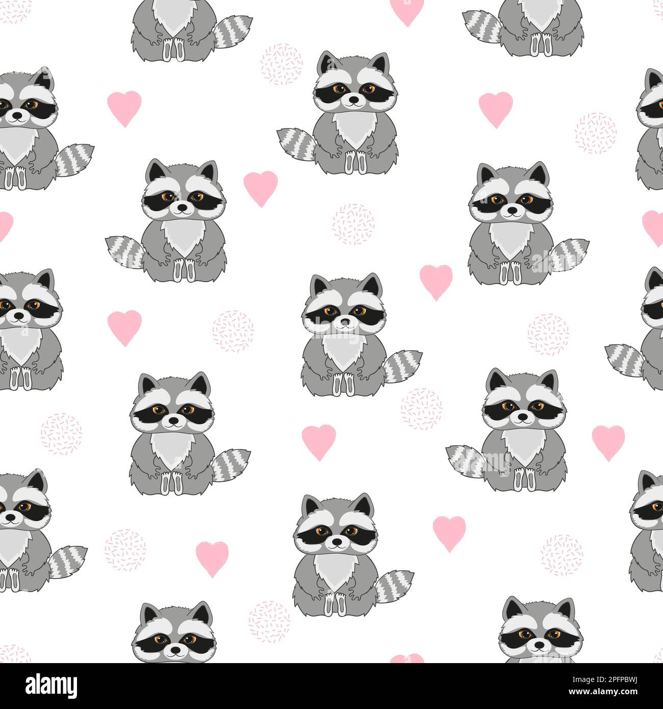 Seamless pattern with baby raccoon and hearts. Kids vector background ...