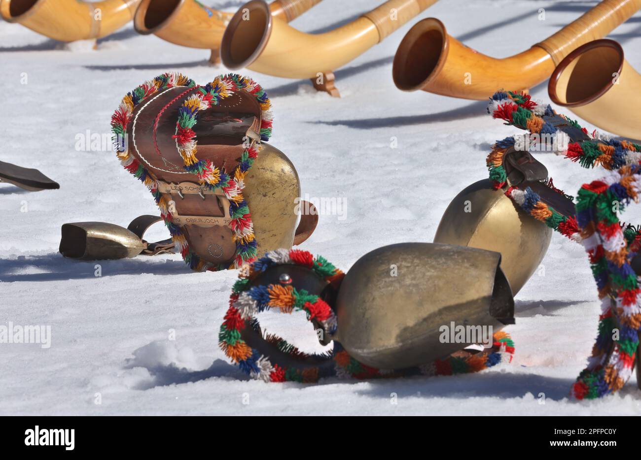 Bad Hindelang, Germany. 18th Mar, 2023. Alphorn players stand behind