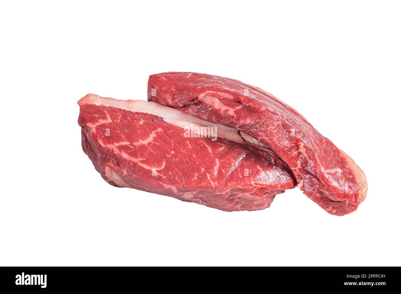 Raw top sirloin steak, cap rump beef meat steak. Isolated on white background Stock Photo