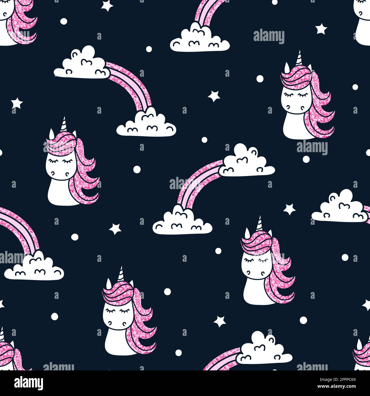 Seamless pattern with cute unicorns on dark. Vector childish background. Stock Vector