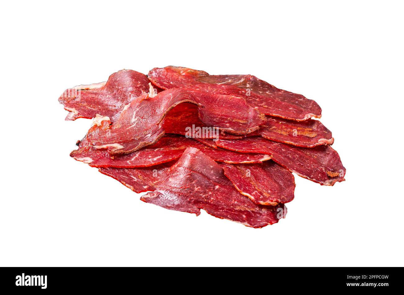 Dried sliced basturma, cured beef meat ready for eat. Isolated on white