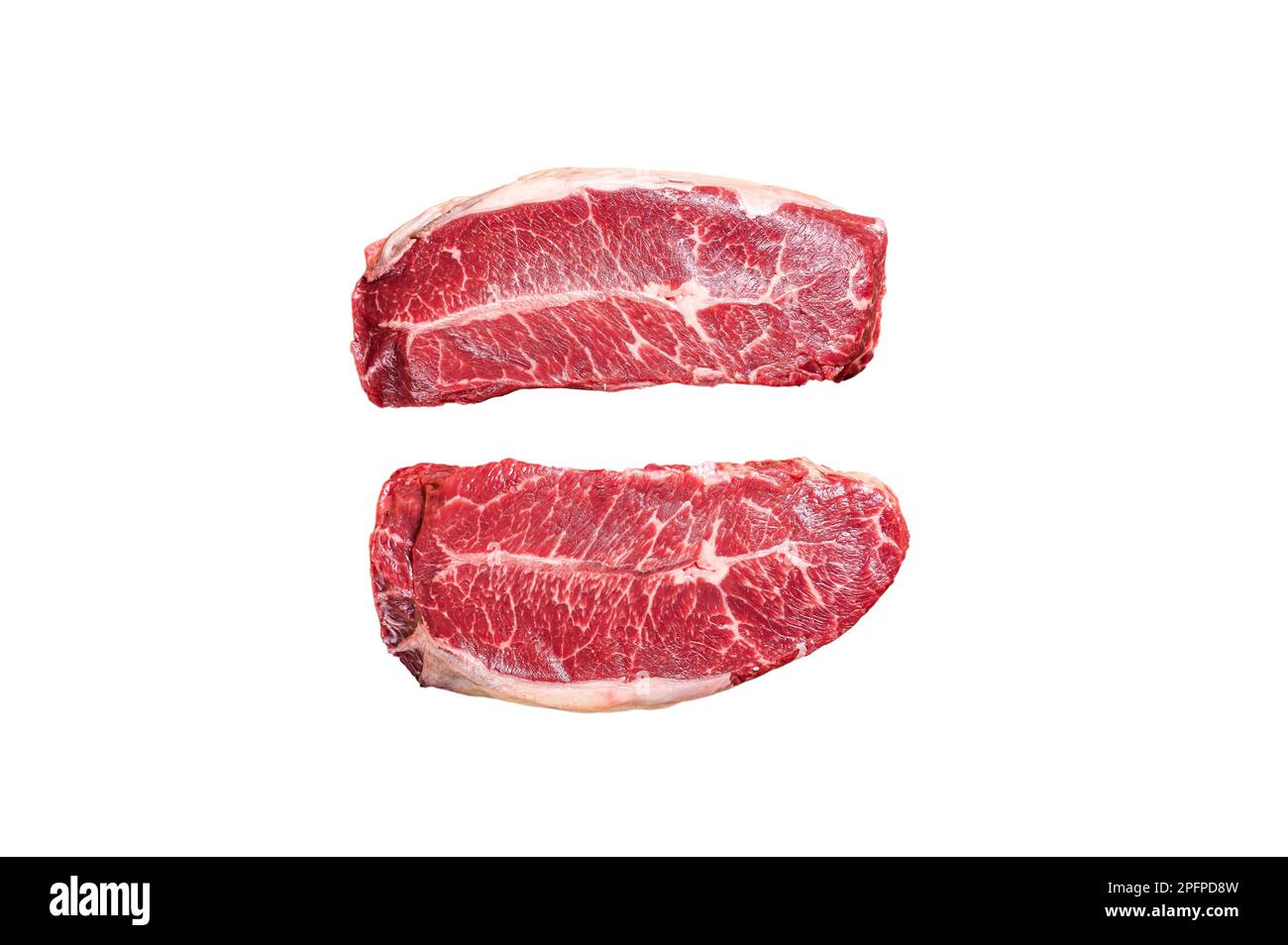 Raw Shoulder Top Blade beef meat steaks on a plate. Isolated on white