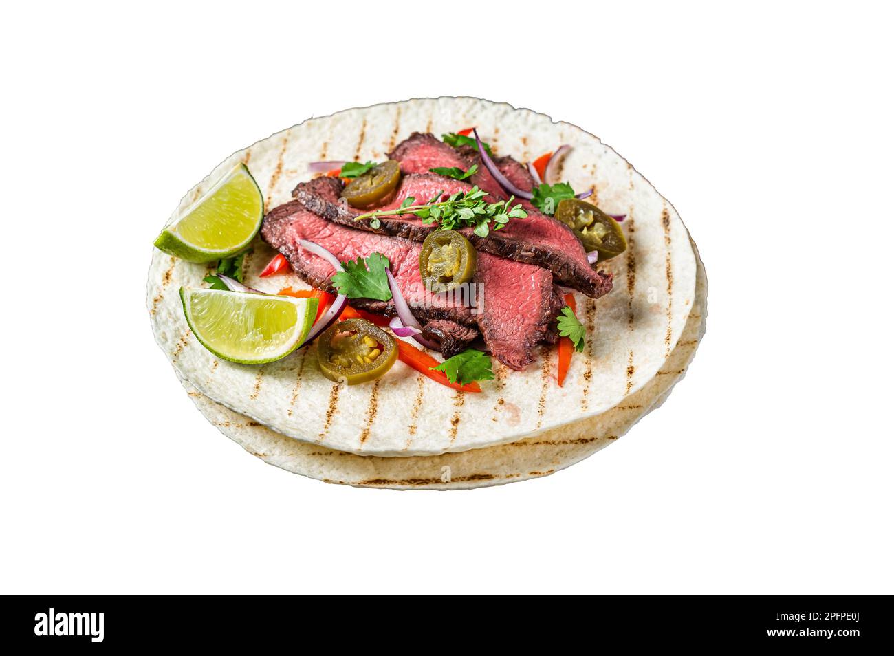 Tacos of mexican beef fajitas alambre with onion, jalapeno and bell