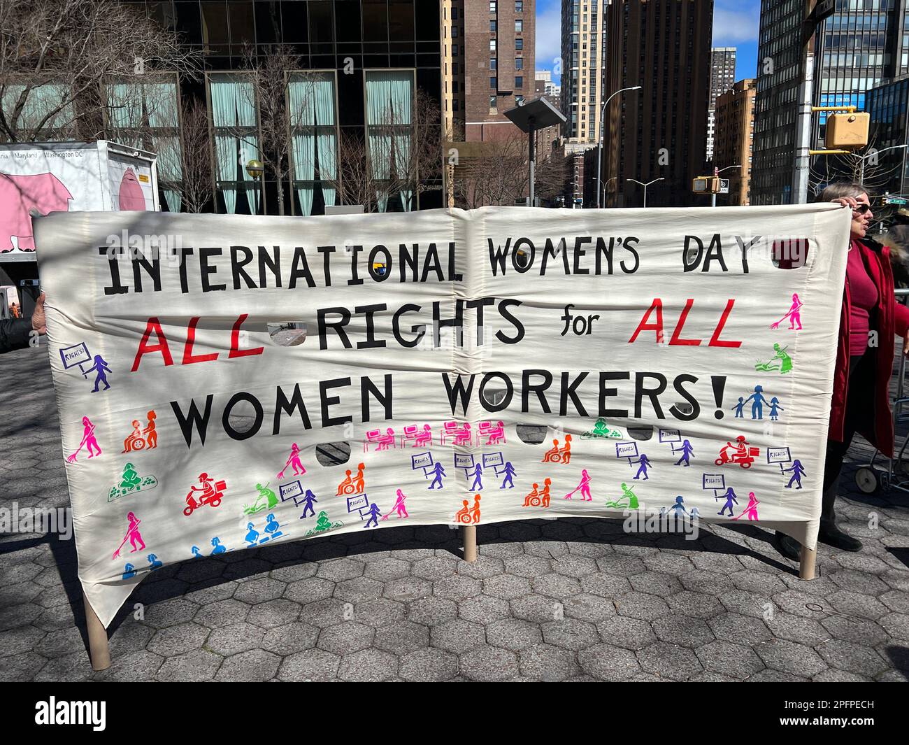 International Womens Day Banner at a rally at the United Nations in New York City. Stock Photo