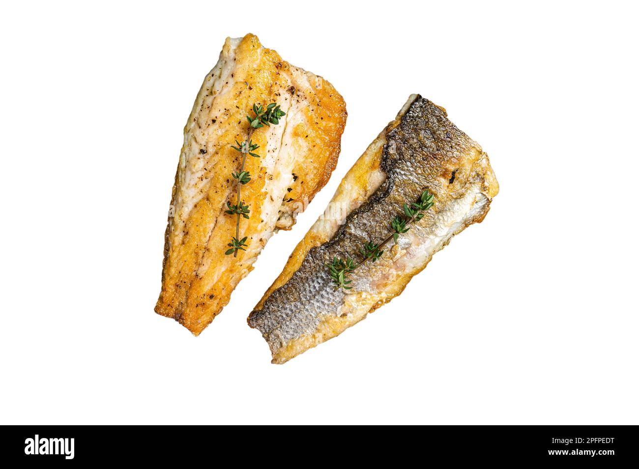 Grilled sea bass fillet with lime and thyme. Isolated on white