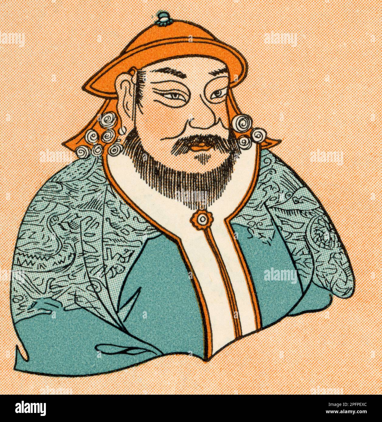 Kublai Khan (1215-1294), founder of the Yuan dynasty of China and the fifth Khagan Emperor of the Mongol Empire from 1260 to 1294. He proclaimed the empire's dynastic name 'Great Yuan' in 1271, and ruled Yuan China until his death in 1294. Stock Photo