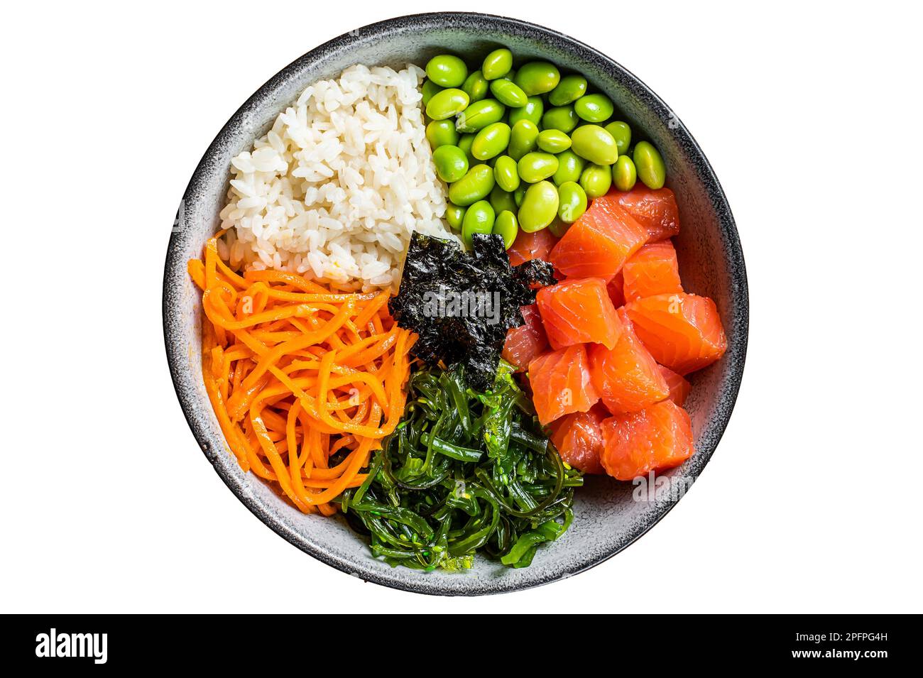 Top view of Poke bowl with Salmon, Edamame and Rice. Isolated on white