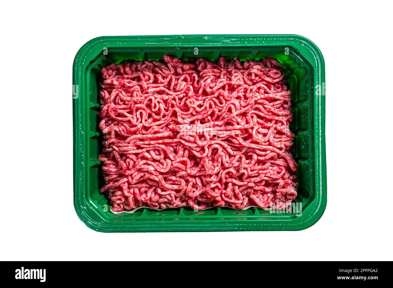 Raw Minced Meat in a Plastic Container, ground beef. Isolated on white