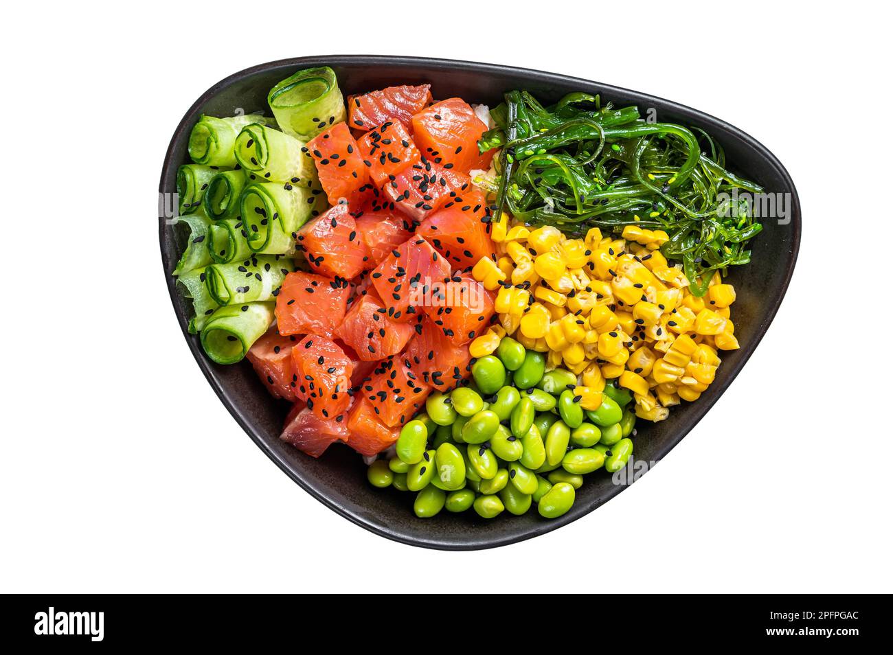 Salmon Poke bowl with Cucumber, Edamame, and Rice. Isolated on white