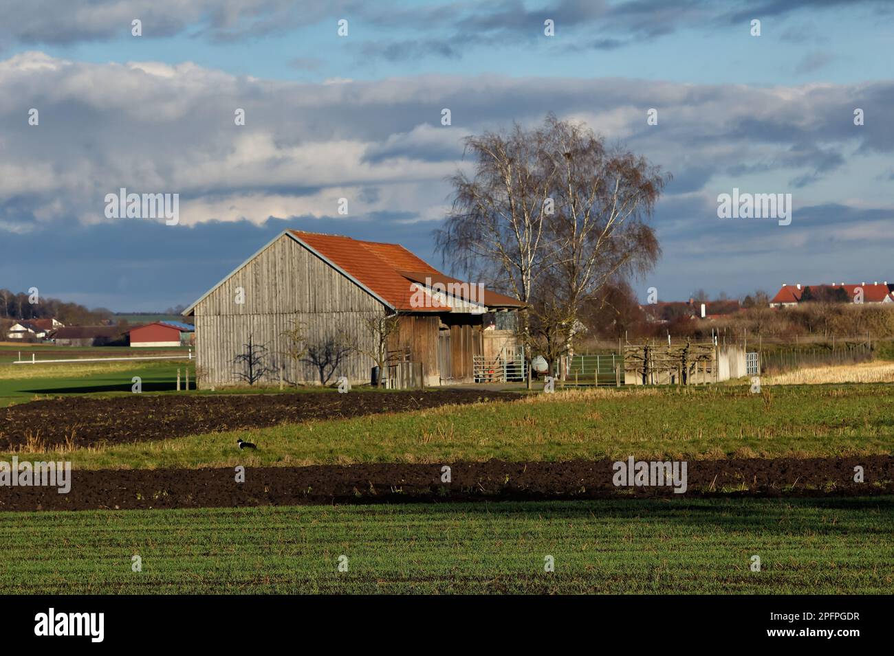 German countryside with open grassland and an old wooden barn Stock Photo