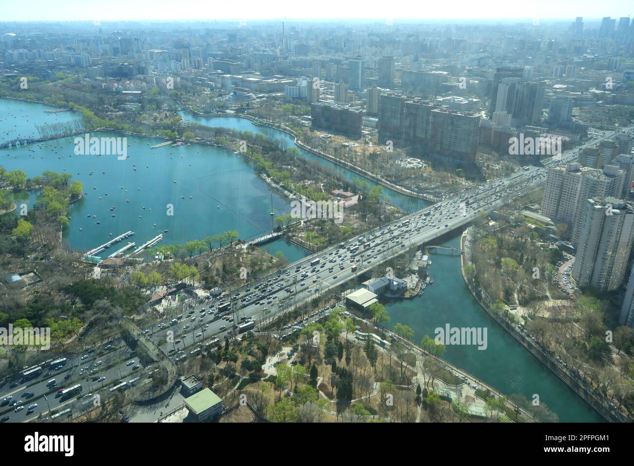 BEIJING, CHINA - MARCH 18, 2023 - The cItyscape of Beijing is seen from the 238-meter viewing platform of the China Central Television Tower in Beijin Stock Photo