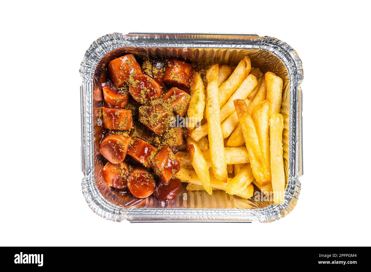 Traditional German currywurst with french fry served take away