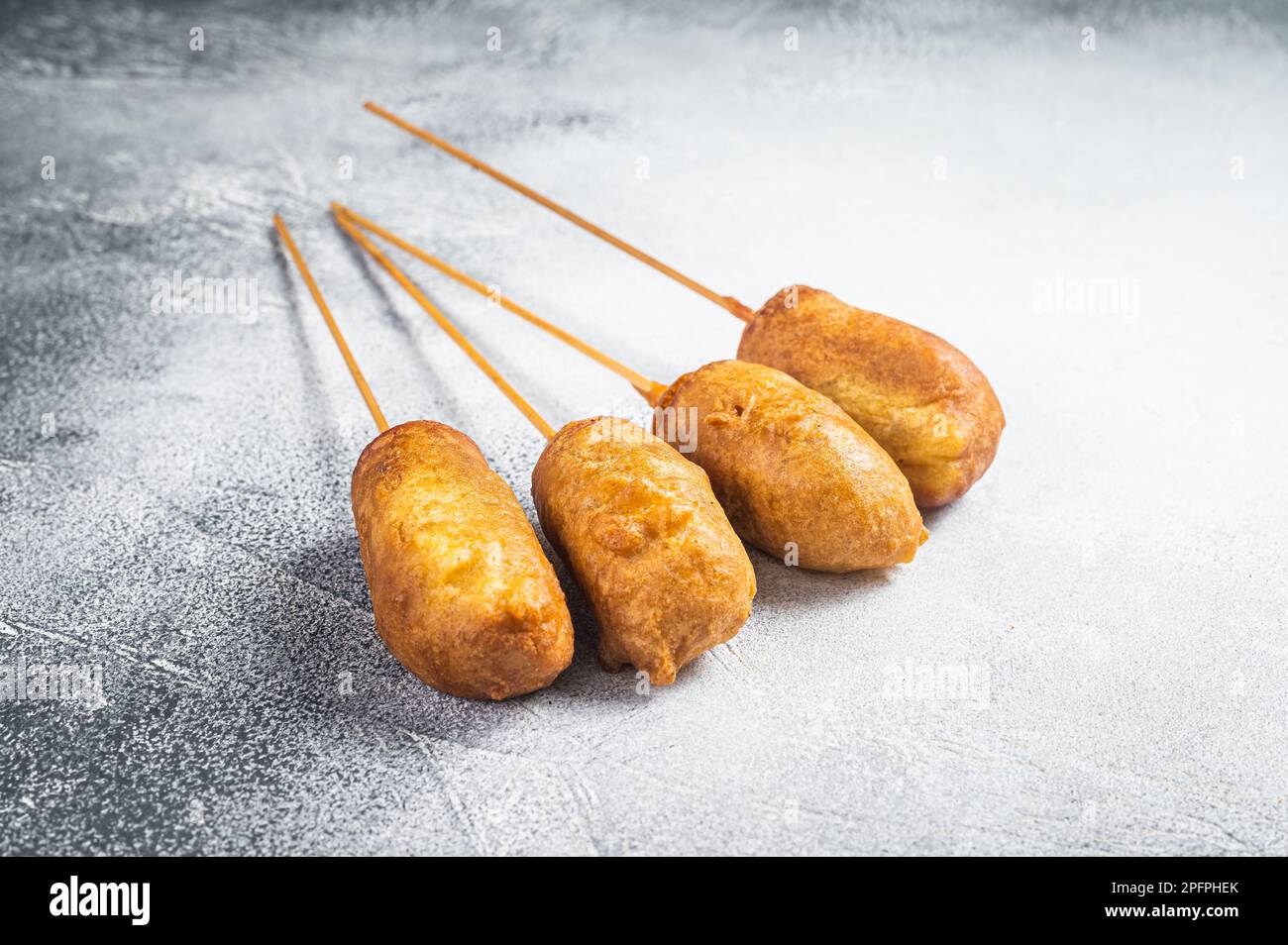 Homemade deep fried corn dogs. White background. Top view Stock Photo