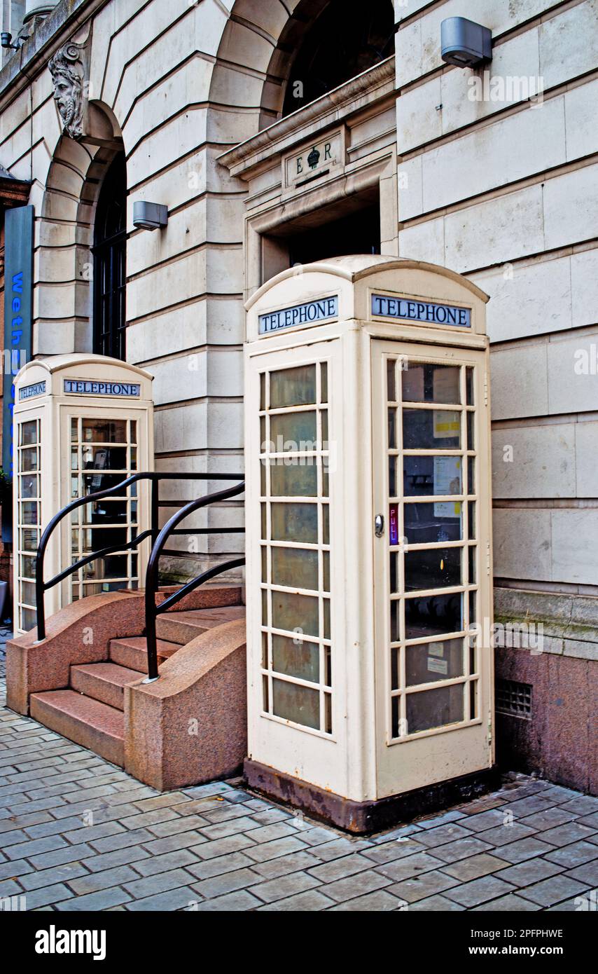 Cream Telephone booths, Hull, Humberside, England Stock Photo
