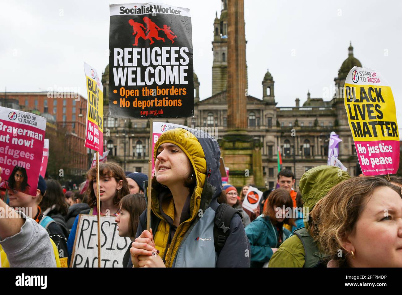 Glasgow, UK. 18th Mar, 2023. Several thousand people turned out in George Square Glasgow to demonstrate against racism and in support of refugees. Credit: Findlay/Alamy Live News Stock Photo