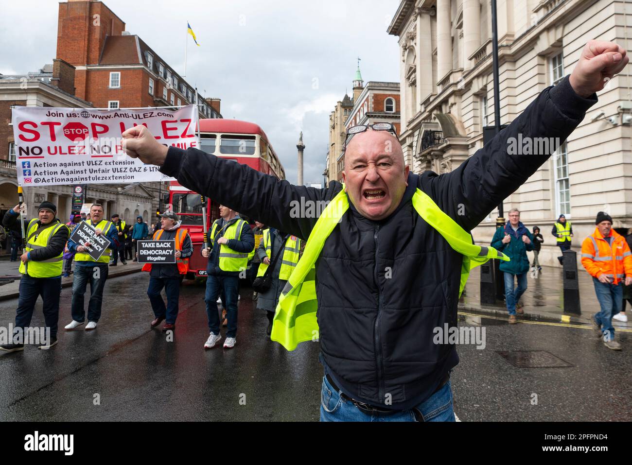 Westminster, London, UK. 18th Mar, 2023. Protesters are marching in Westminster in protest against the planned expansion of the Ultra Low Emission Zone (ULEZ) throughout all London boroughs from 29 August 2023. They believe that it is a tax on the poorer drivers with older cars. Stock Photo
