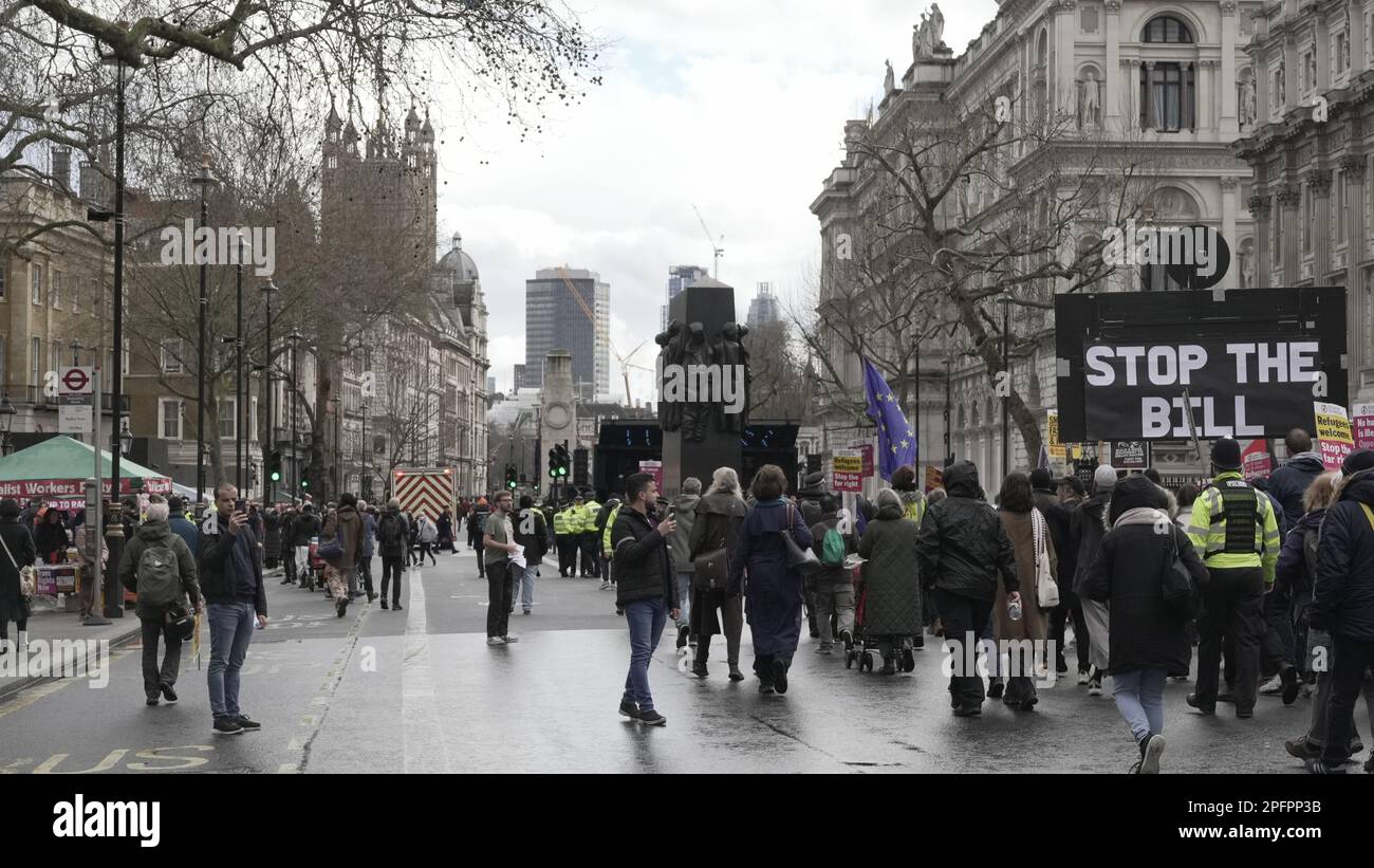 London, UK. 18th March, 2023.Stop the bill sign at the UN Anti Racism Day 2023. Credit Known Studio/Alamy Live News Stock Photo
