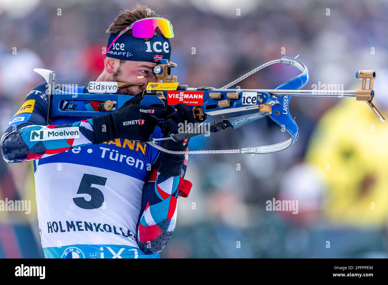 Oslo, Norway 18 March 2023, Starla Holm Laegreid of Norway participates in the men 12.5km pursuit competition during the BMW IBU World Cup Biathlon in Holmenkollen Oslo, Norway