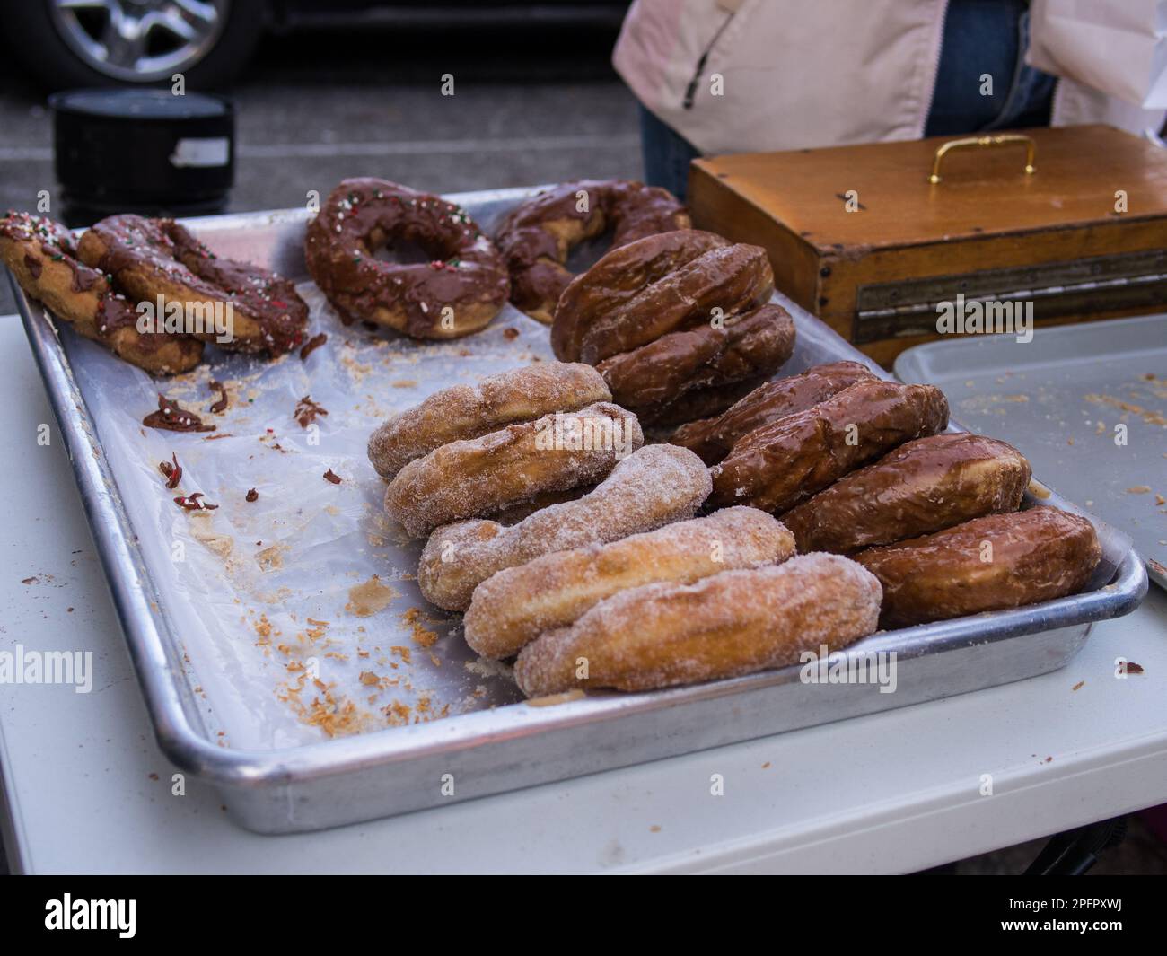 Donuts for sales at streetfood vendor. Stock Photo