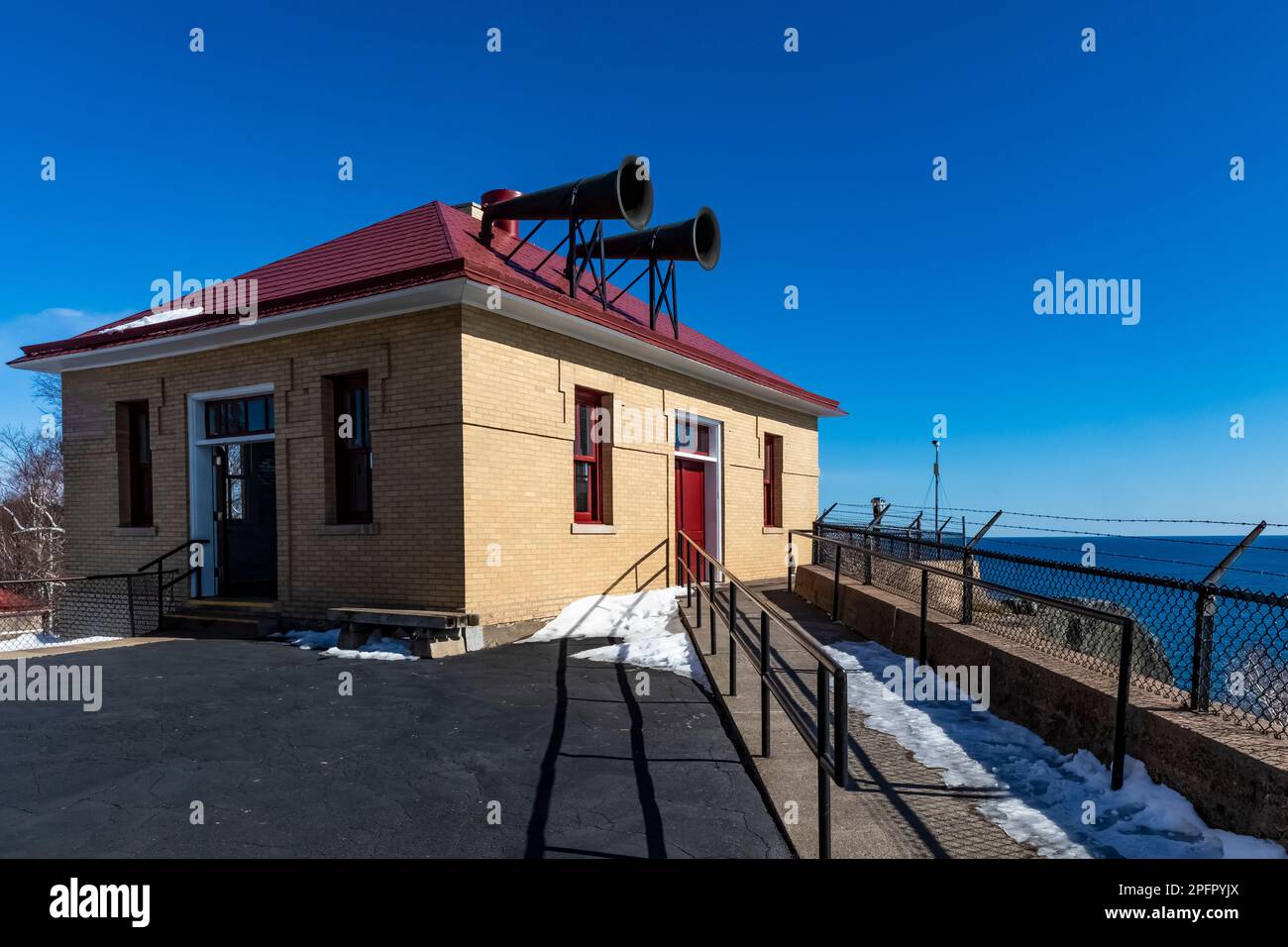 Horns on Fog Signal Building at Split Rock Lighthouse on Lake Superior, Minnesota, USA Stock Photo