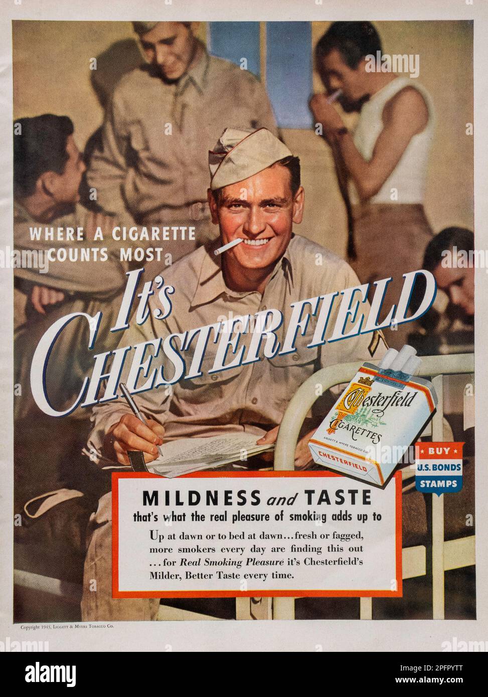 Vintage 1940's Chesterfield Cigarette advertisement with celebrity  endorsement by Lucille Ball ' Chesterfields are completely satisfying,  They're Milder much Milder Its my Cigarette' Stock Photo