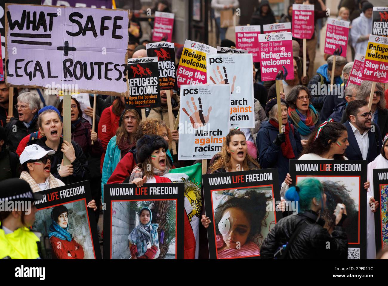 London, UK. 18th Mar, 2023. Resist Racism March. People march through Central London to oppose plans by Home Secretary, Suella Braverman to send migrants and Refugees to Rwanda. They oppose the Governments Immigration Policy. Credit: Mark Thomas/Alamy Live News Stock Photo